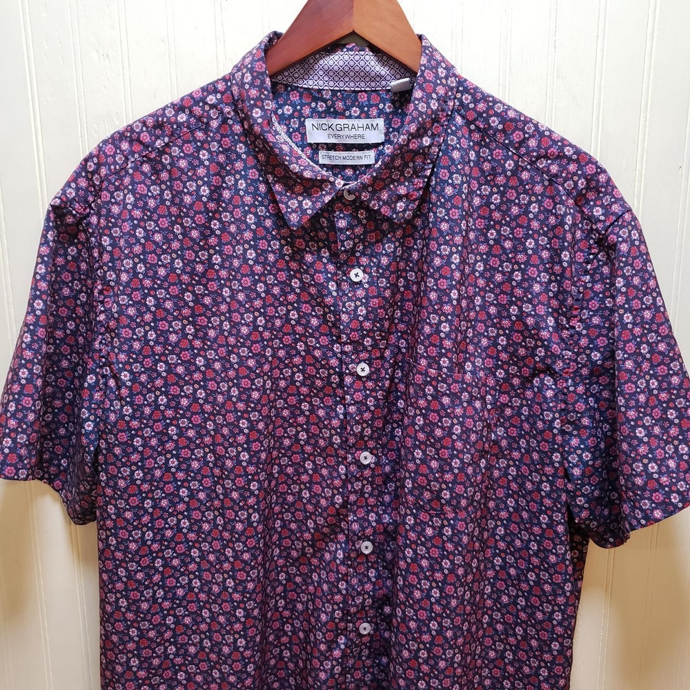 Nick Graham Shirt Mens 2XL Blue Pink Floral Stretch Short Sleeve Button-Up